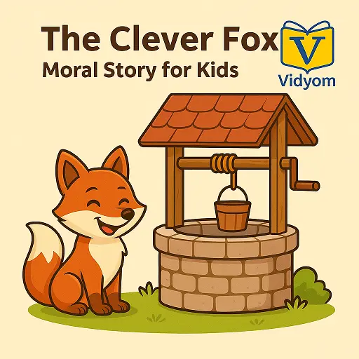 Cute cartoon fox sitting near a village well from the clever fox story for kids, designed as a moral story illustration for children.