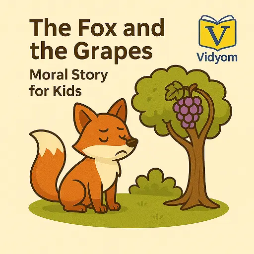 the fox and the grapes story for kids – hungry fox trying to reach purple grapes in a cartoon vineyard