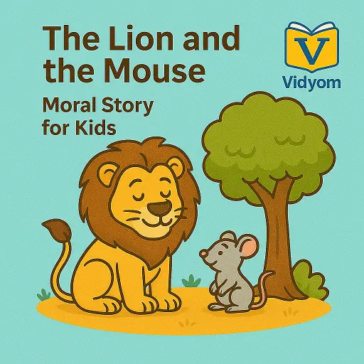 the lion and the mouse story for kids – mighty lion and tiny mouse in a friendly forest cartoon scene
