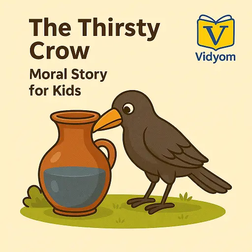Friendly cartoon crow looking into a water pot, showing the main scene from the thirsty crow story for kids in a child-friendly moral story style.