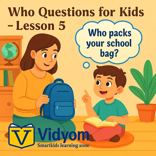 Who questions for kids lesson 5 – teacher asking who drives the school bus in a colorful classroom with children raising hands for Vidyom.