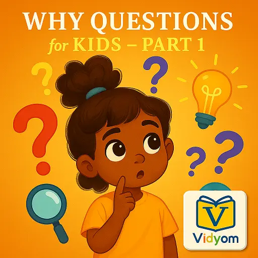 why questions for kids – curious child thinking surrounded by question marks, light bulb, and magnifying glass on yellow background