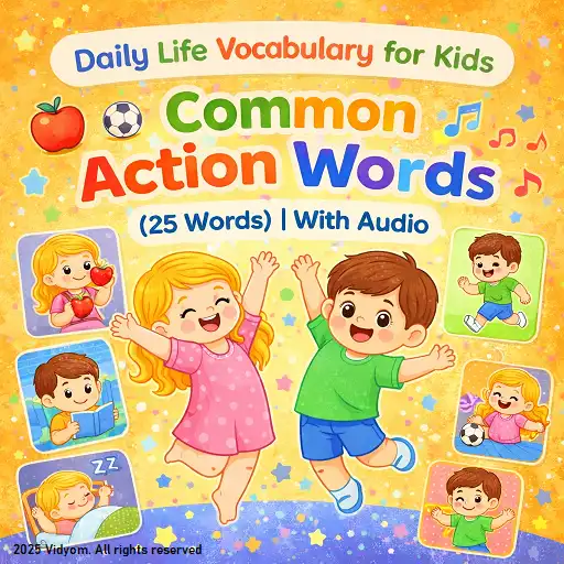 daily life action vocabulary for kids hero image showing kids doing actions like run, jump, read and play in a clean style