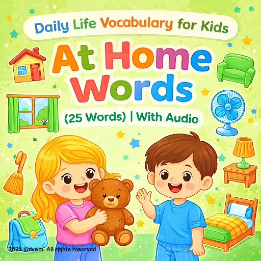 daily life vocabulary at home hero image with kids and simple home objects in a clean design