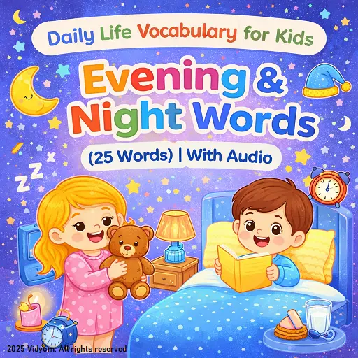 daily life vocabulary evening night hero image with kids and night routine icons like moon, stars and bedtime items