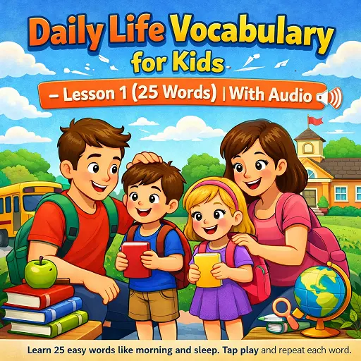 daily life vocabulary for kids lesson 1 (25 words) with audio – cartoon parents and kids learning easy words