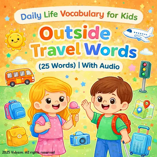 daily life vocabulary outside hero image with kids and outdoor travel objects in a bright simple background