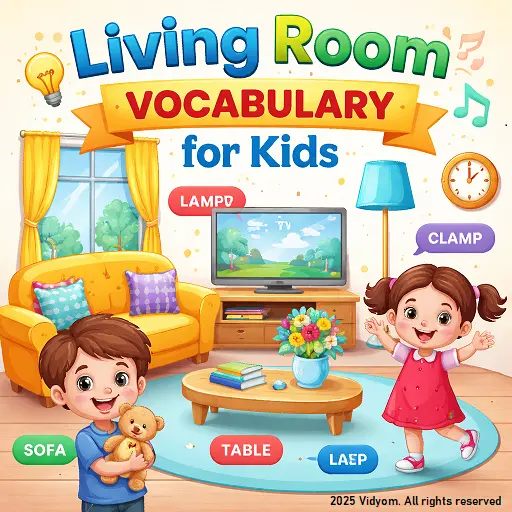 living room vocabulary for kids – sofa, table, TV, lamp, clock (learning picture)