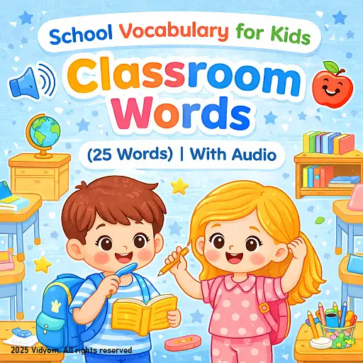 school vocabulary for kids hero image showing a classroom scene with blackboard, teacher, and happy students