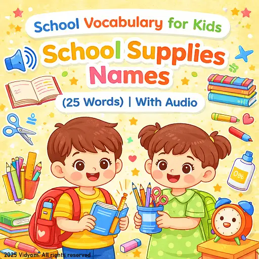 school supplies vocabulary for kids hero image with pencil, notebook, eraser, ruler, and school bag in a neat layout