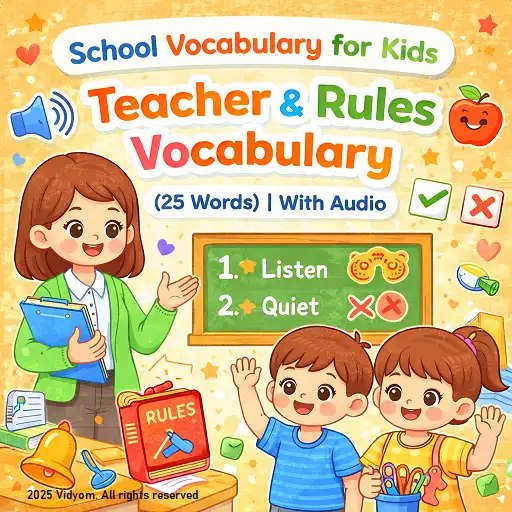 teacher rules vocabulary for kids hero image showing a friendly teacher with classroom rule icons like listen, raise hand, be quiet