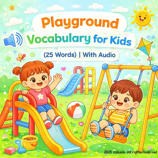playground vocabulary for kids hero image with slide, swing, seesaw, ball, and kids playing safely