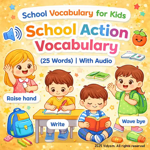 school action vocabulary for kids hero image showing actions like read, write, draw, stand, sit with simple icons