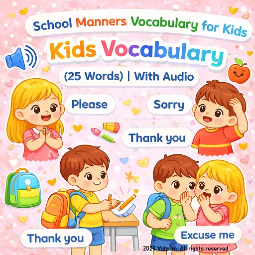 school manners vocabulary for kids hero image showing polite actions like please, sorry, thank you, waiting turn, sharing