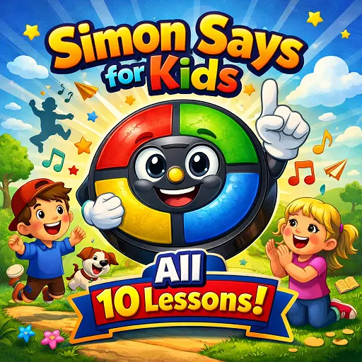 simon says for kids hero image showing happy kids doing fun actions and a colorful game icon