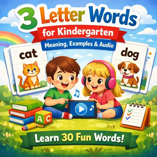 3 letter words for kindergarten hero image showing flip cards, kids learning with audio, and simple 3-letter words