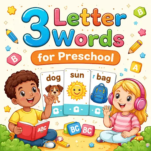 3 letter words for preschool – flashcards with dog, sun and pen for early reading practice