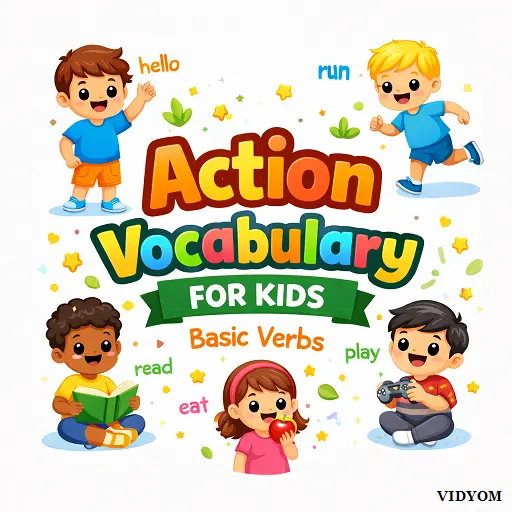 action vocabulary for kids hero image showing basic verbs like run, jump, sit, stand, eat and sleep with picture cards