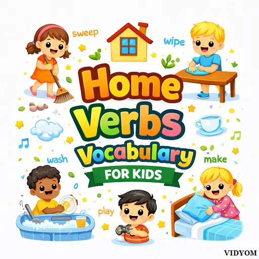 home verbs vocabulary for kids showing actions at home like cook, clean, wash, open, close and sleep