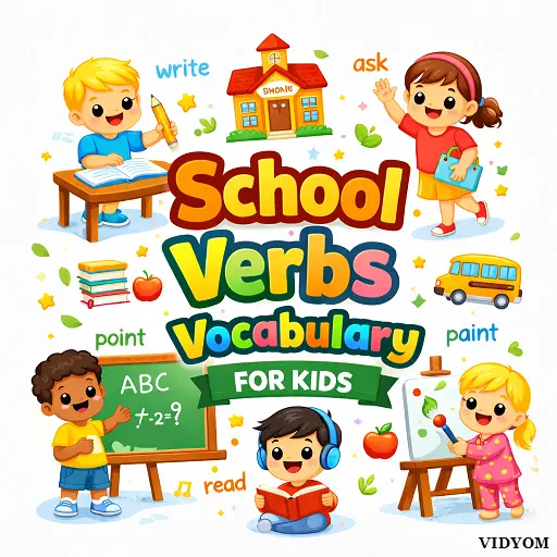 school verbs vocabulary for kids hero image showing actions like read, write, listen, answer, draw and learn