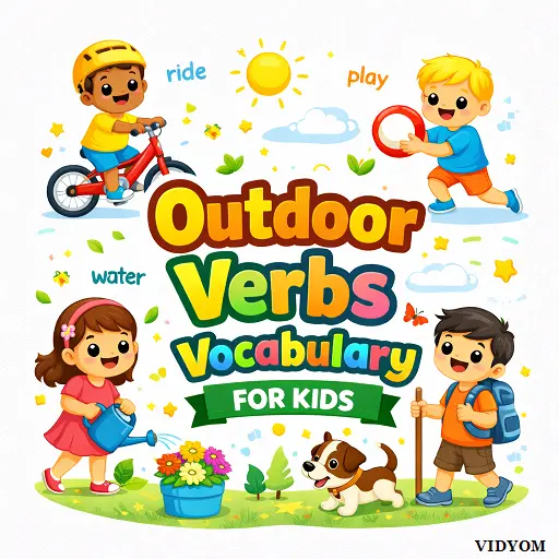 outdoor verbs vocabulary for kids showing outdoor actions like run, play, swim, climb, throw and catch