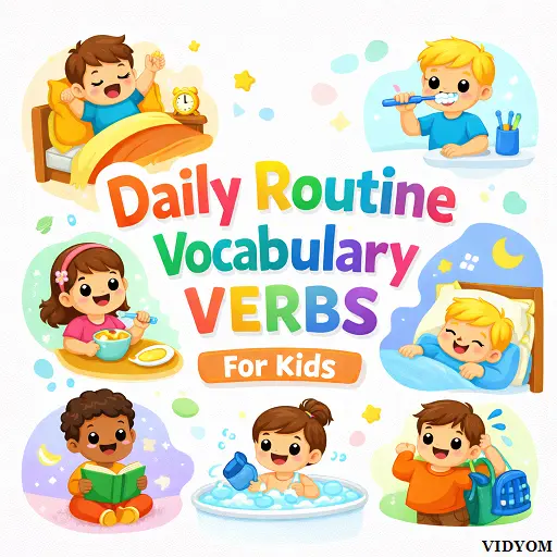 daily routine vocabulary verbs showing actions like wake up, brush, bathe, eat, study and sleep