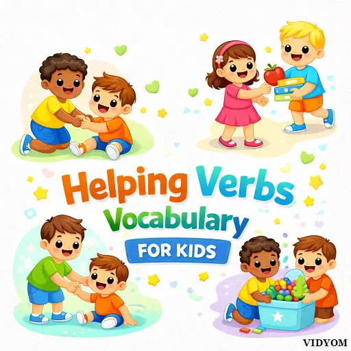 helping verbs vocabulary for kids showing helpful actions like help, share, give, carry, pick and clean
