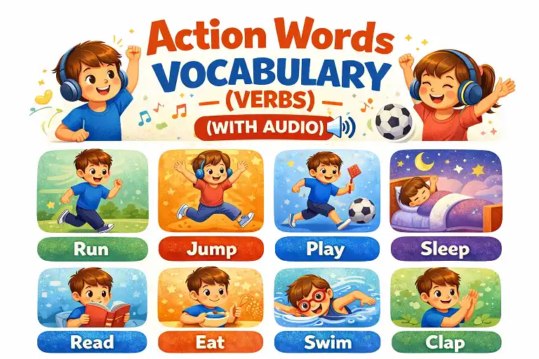 action words vocabulary hero image for kids learning verbs with pictures and audio