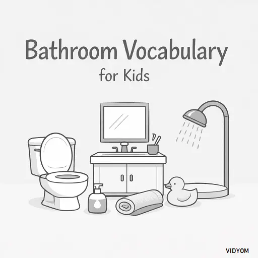 bathroom vocabulary for kids hero image with simple bathroom items like toilet, sink, mirror, soap, towel, and shower