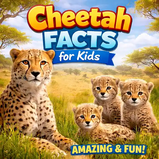 cheetah fact for kids hero image showing a realistic cheetah family in the savanna with bold kid-friendly title text
