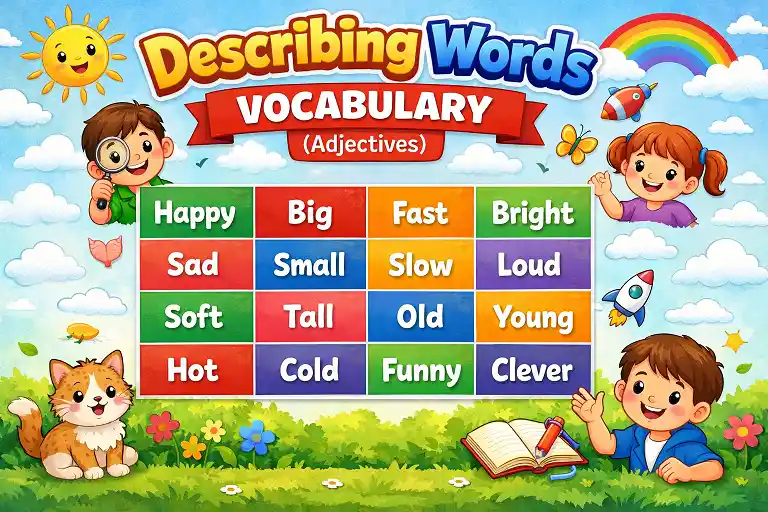 describing words vocabulary hero image for kids learning adjectives with pictures and audio
