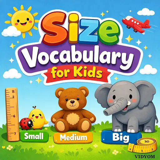 size vocabulary for kids hero image showing big and small objects with clear picture cards and audio icon