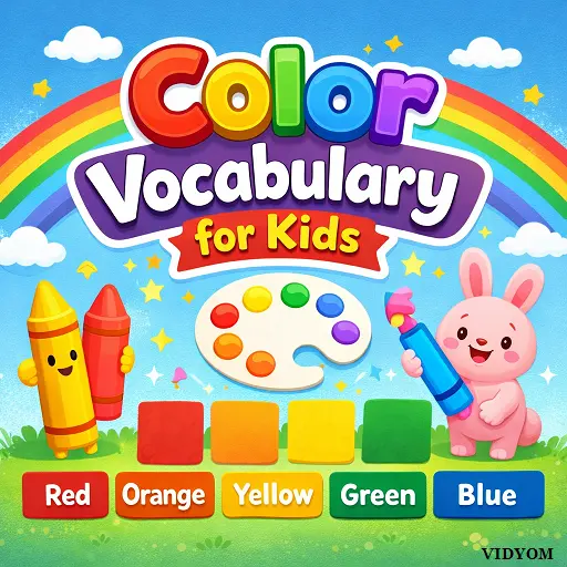 color vocabulary for kids hero image showing colorful objects and simple color word cards with audio icon
