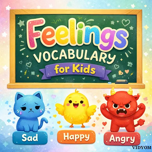 feelings vocabulary for kids hero image showing happy, sad, angry and calm face cards with audio icon