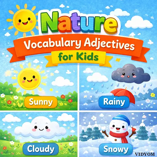 nature vocabulary adjectives for kids hero image showing sunny, windy, cloudy and rainy word cards with nature icons