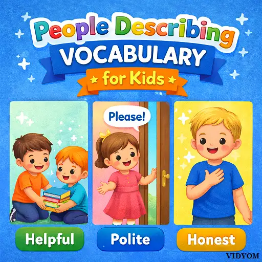 people describing vocabulary for kids hero image showing kind, helpful, brave and polite word cards with kid characters