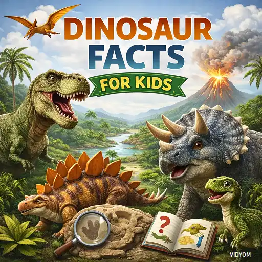 Dinosaur Facts for Kids hero image showing realistic dinosaurs in a prehistoric jungle scene