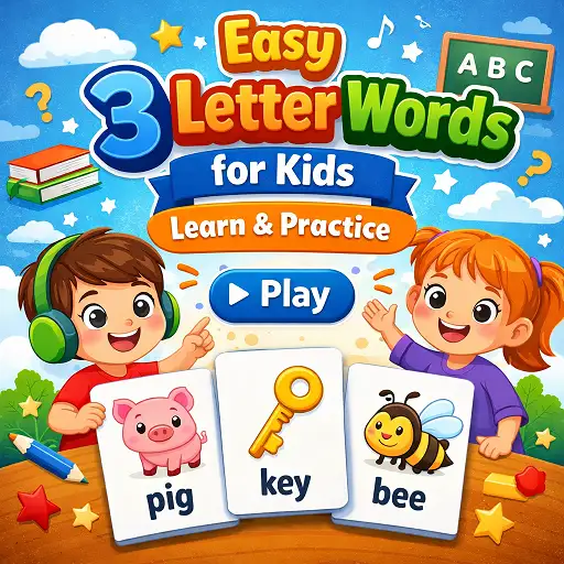 easy 3 letter words for kids hero image with flip cards showing pig, key, bee and a play button for audio practice