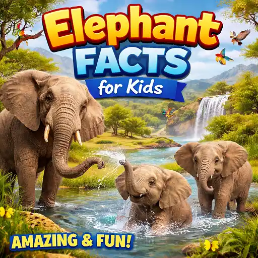 elephant fact for kids hero image showing a realistic elephant family near a river and waterfall with bold kid-friendly title text