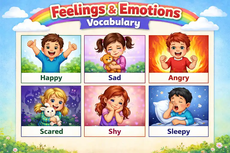 feelings and emotions vocabulary hero image showing kids expressing different emotions with pictures