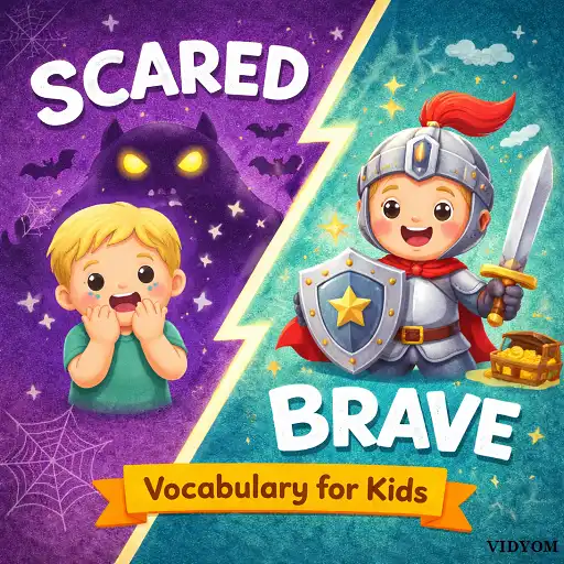 scared brave vocabulary for kids showing scared face and brave superhero kid with emotion cards