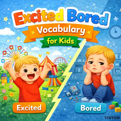 excited bored vocabulary for kids showing excited jumping kid and bored sleepy kid with emotion flashcards