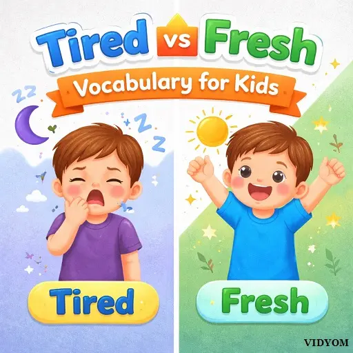 tired fresh vocabulary for kids showing tired sleepy face and fresh energetic face with morning icons
