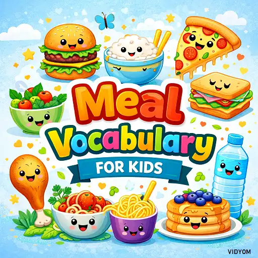 meal vocabulary for kids hero image showing breakfast lunch dinner words with pictures and audio icons