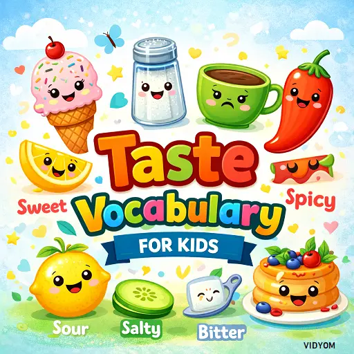 taste vocabulary for kids hero image showing sweet salty sour spicy taste words with pictures and audio icons