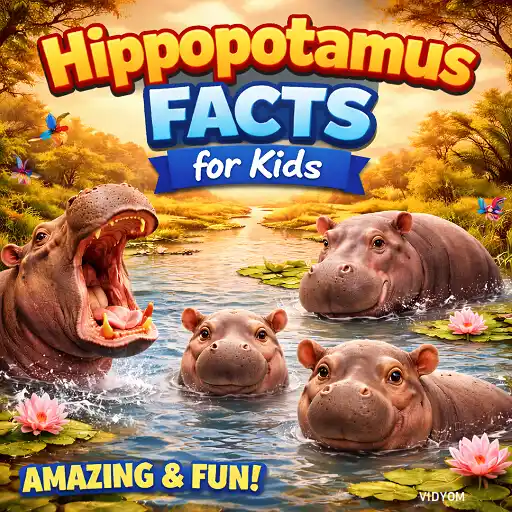 hippopotamus fact for kids hero image showing a realistic hippo family in a sunset river with pink water lilies and bold kid-friendly title text