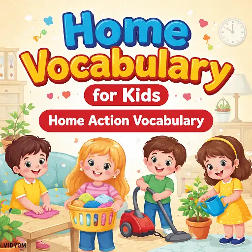 home action vocabulary for kids hero image showing children doing simple chores like cleaning, washing, vacuuming, and watering plants