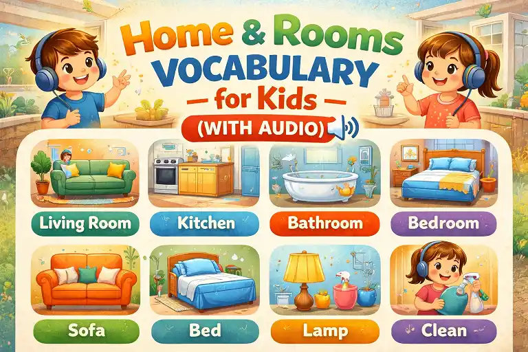 home and rooms vocabulary hero image showing different rooms and household items for kids learning