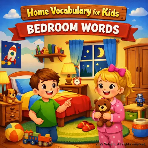 home vocabulary for kids bedroom words hero image showing bed, pillow, blanket, wardrobe, lamp, and toys in a kid-friendly bedroom scene
