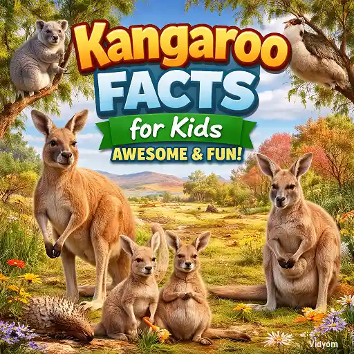 kangaroo fact for kids hero image showing a kangaroo family in the Australian outback with bold title text